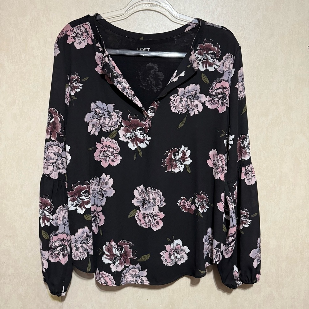 Loft Black Pink Floral V Neck Lined Long Sleeve Top